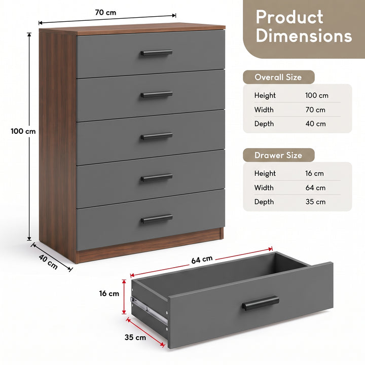 [Walnut] Dimensional diagram showing overall and drawer measurements for the Walnut 5 Drawer Chest.