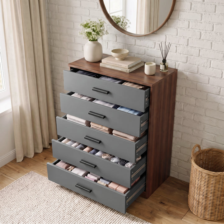 [Walnut] High-angle view of the Walnut Tall 5 Drawer Chest with all five grey drawers pulled open.