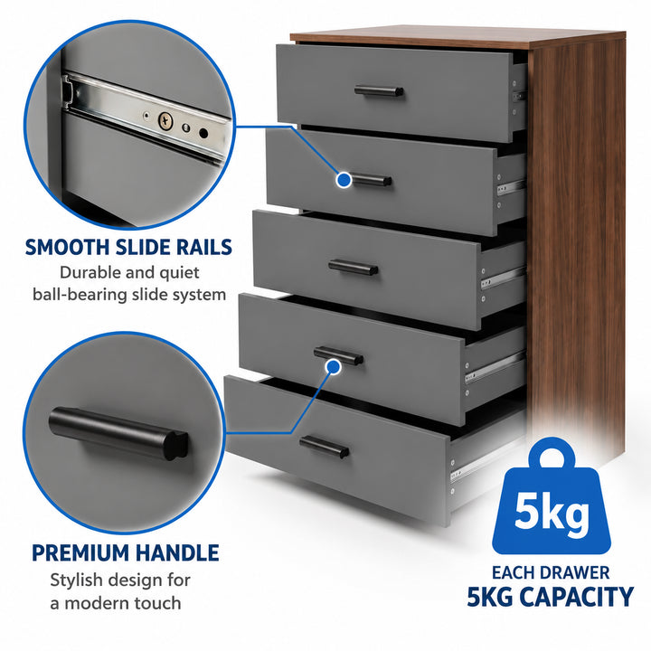 [Walnut] Feature diagram showcasing smooth slide rails, handles, and 5kg drawer weight capacity.