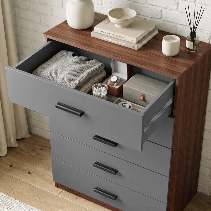 [Walnut] Top grey drawer of the Walnut Tall 5 Drawer Chest opened showing internal storage.