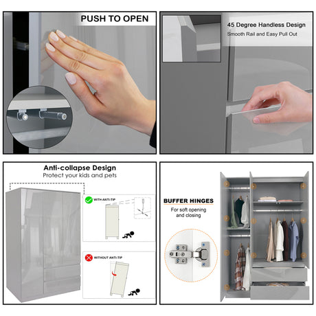 Wardrobe 3 Door with Drawers UK – Push to Open, 45-Degree Handless Design, Anti-Collapse Feature.