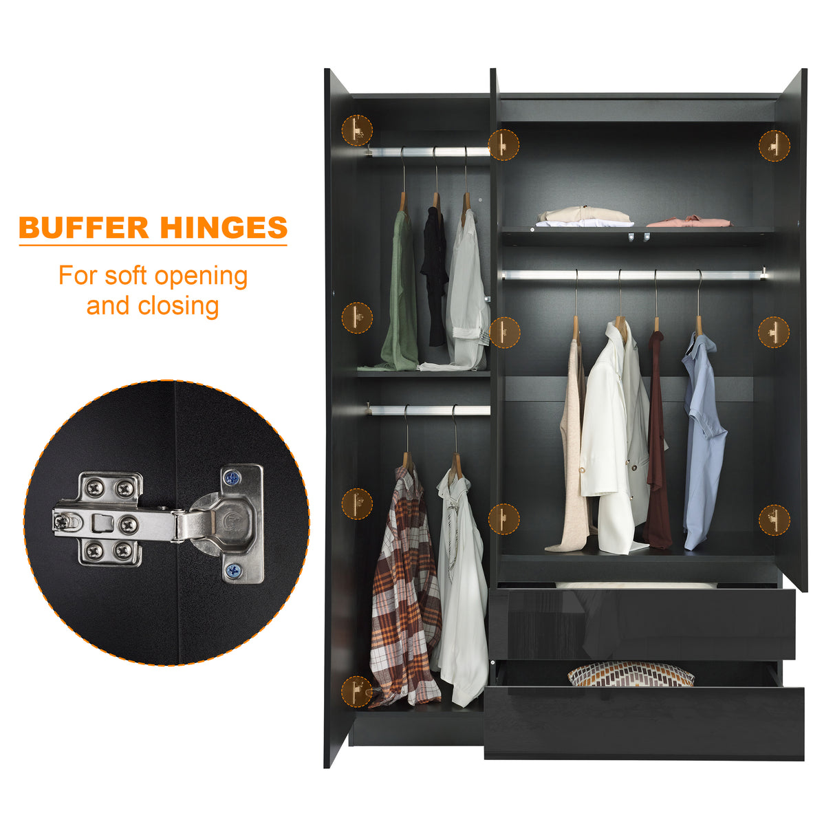 3-door wardrobe with buffer hinges for smooth and quiet door operation.