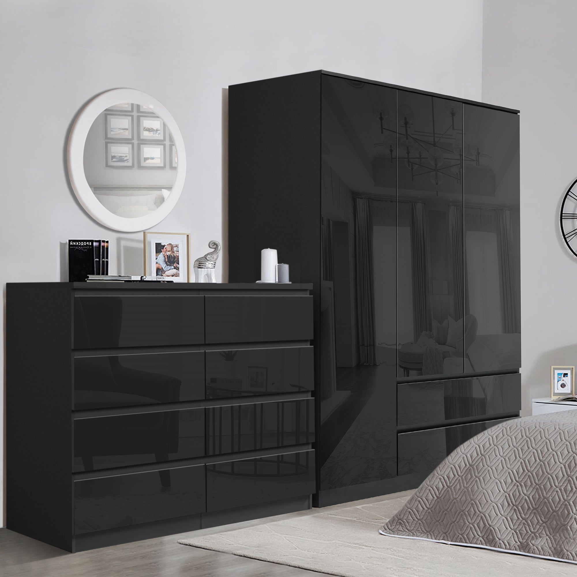 Complete bedroom set with wardrobe and bed, modern design for stylish comfort.