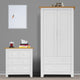 Wardrobe and chest of drawers in white with wooden tops, offering ample storage space