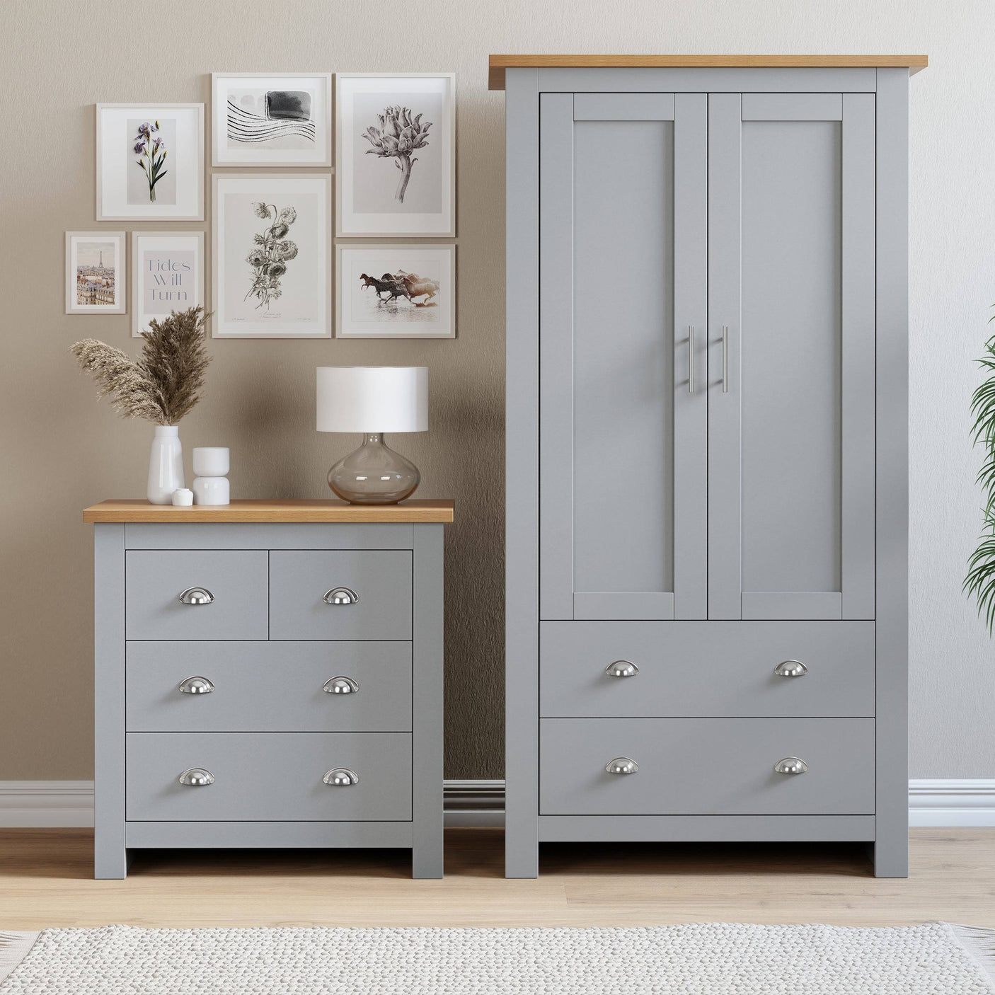 Wardrobe and chest of drawers set for efficient storage, perfect for clothes & accessories.