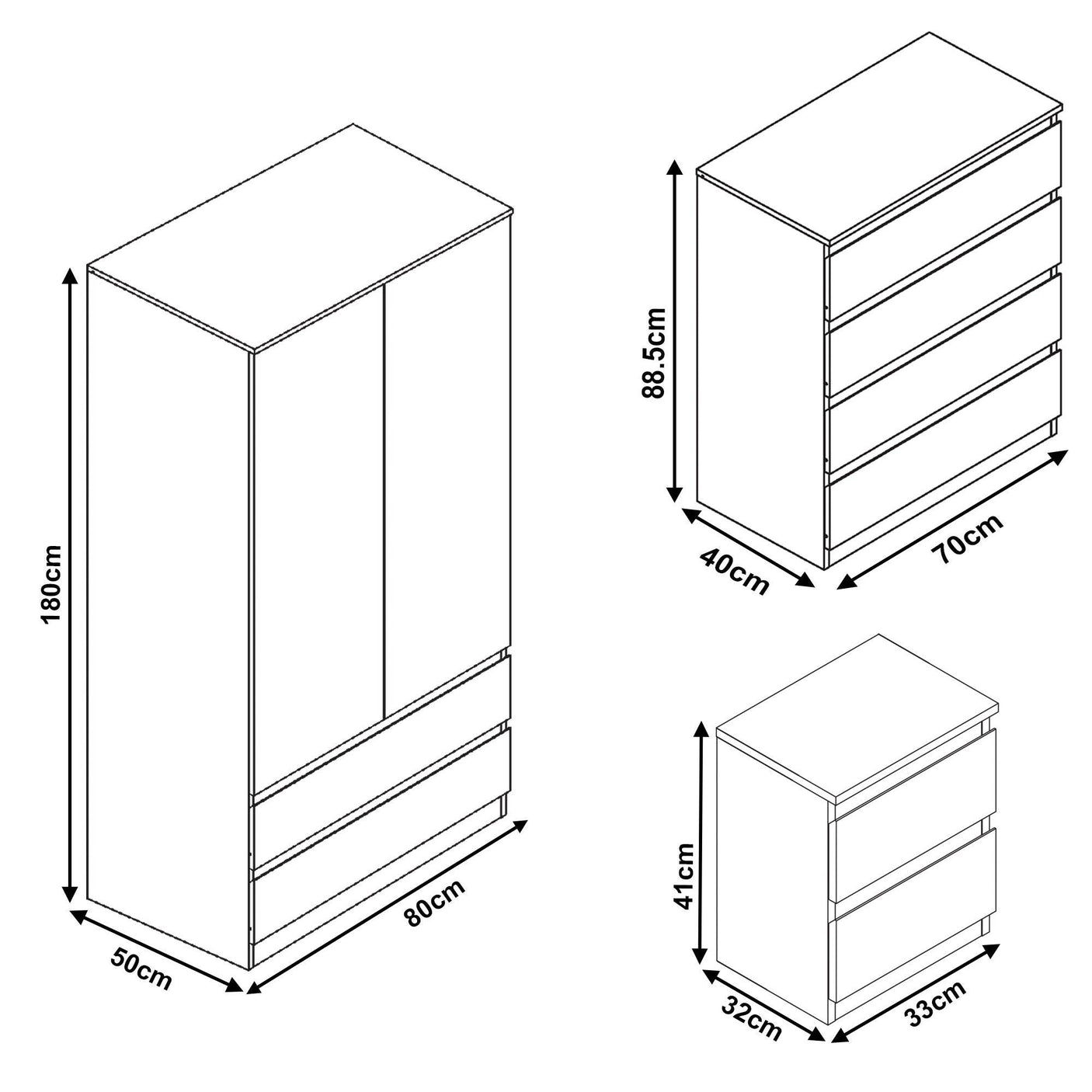 High Gloss 3 Piece Wardrobe Set With Chest of Drawers