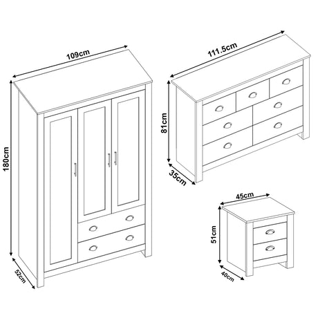 3 piece bedroom set dimensions (WxHxD)cm: wardrobe (109x52x180) chest of drawers (111.5x81x35) and bedside table (45x51x40)