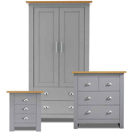 Stylish grey wardrobe bedroom set with bedside table and chest of drawers