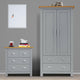 Wardrobe door set with grey wardrobe and matching chest of drawers, both with wooden tops.