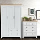 White wardrobe furniture set with wardrobe and dresser, featuring wooden tops and chrome handles