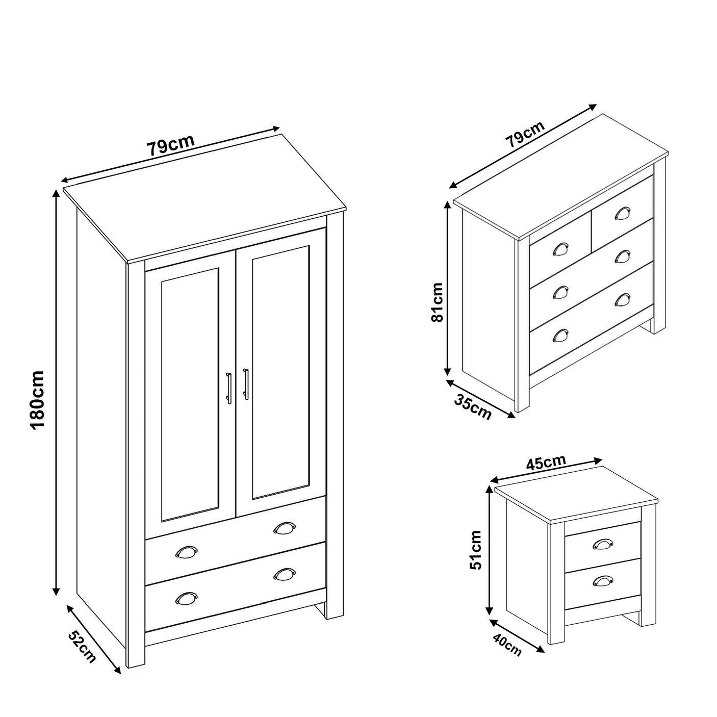 Shaker 3 Piece Bedroom Set - Wardrobe with Chest of Drawers