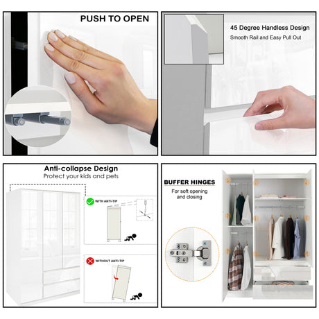 White wardrobe set with drawers, push-to-open and anti-collapse design.