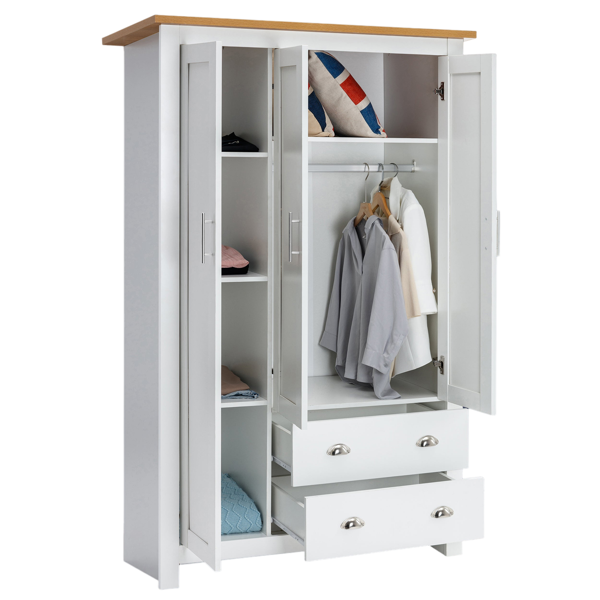 White wardrobe with ample storage space, perfect for organizing clothes and accessories.