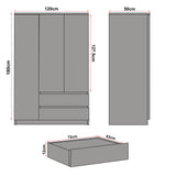diagram of a wardrobe with doors, drawers, and shelves showing 180 cm height, 120cm width, 50 cm depth and drawers 12cm deep