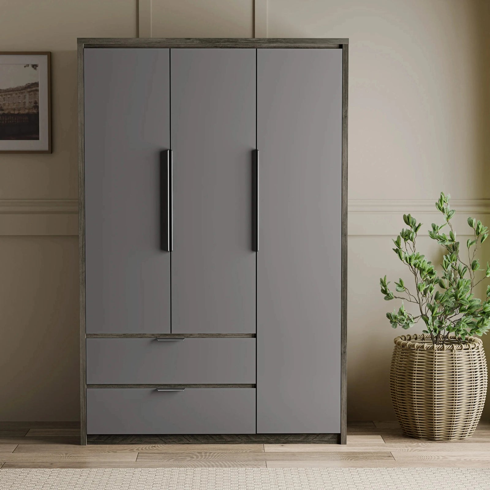 [Wooden Grey+Grey] Skova bedroom furniture set wardrobe front, dark wood frame around grey panels