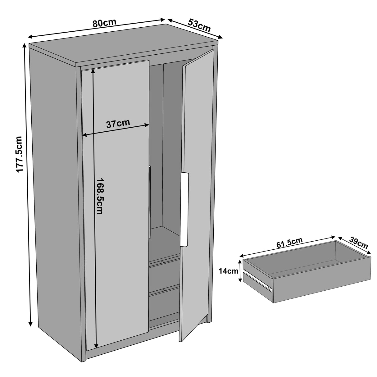 Measurement chart of a wardrobe with dimensions labeled