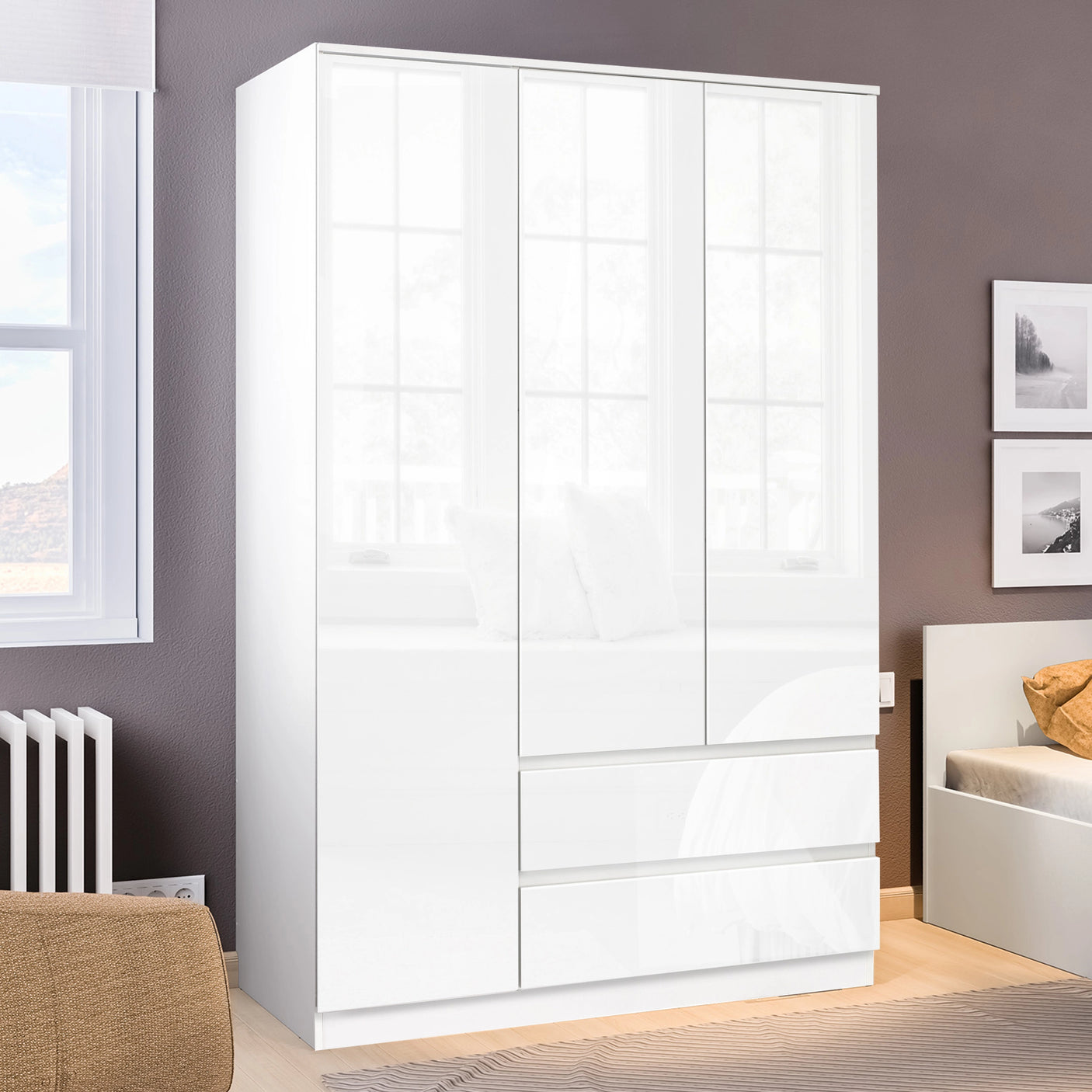 High Gloss 3 Door Wardrobe With Drawers And Shelves