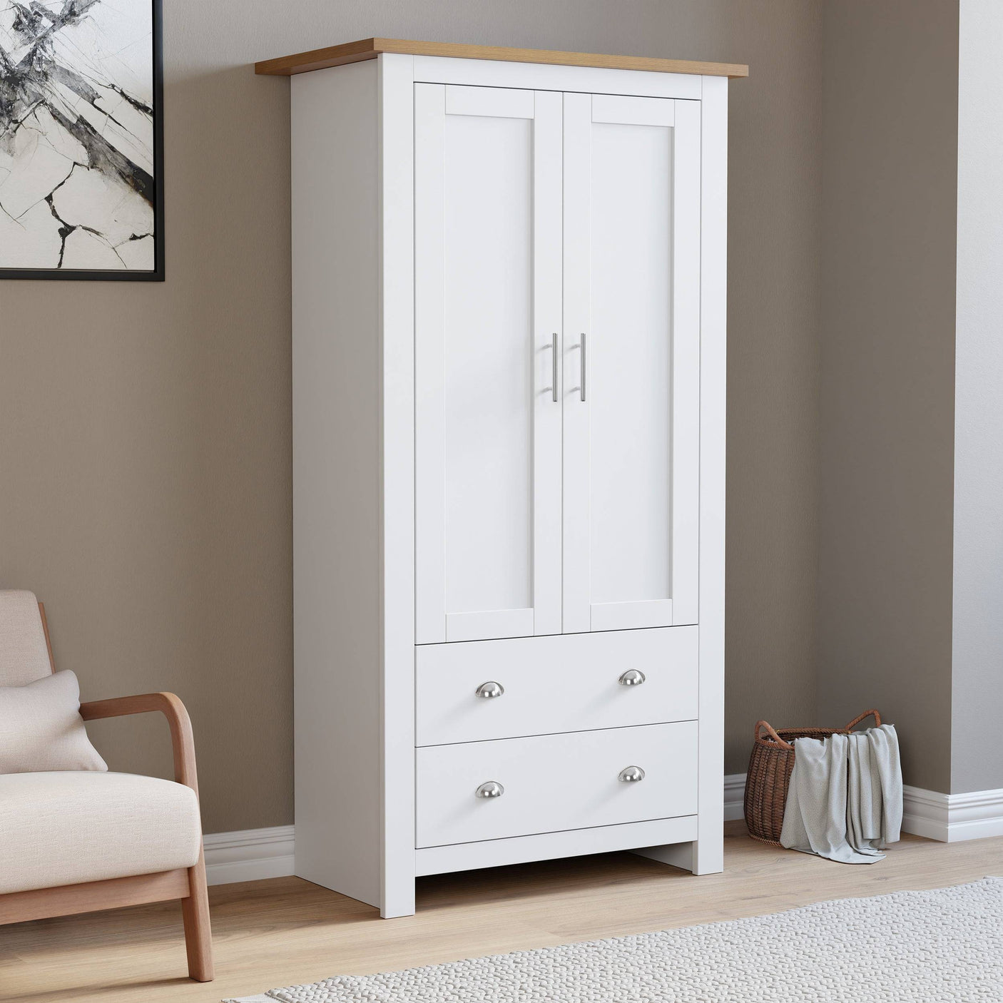 White wardrobes for small rooms with handles, ideal for compact storage solutions.

