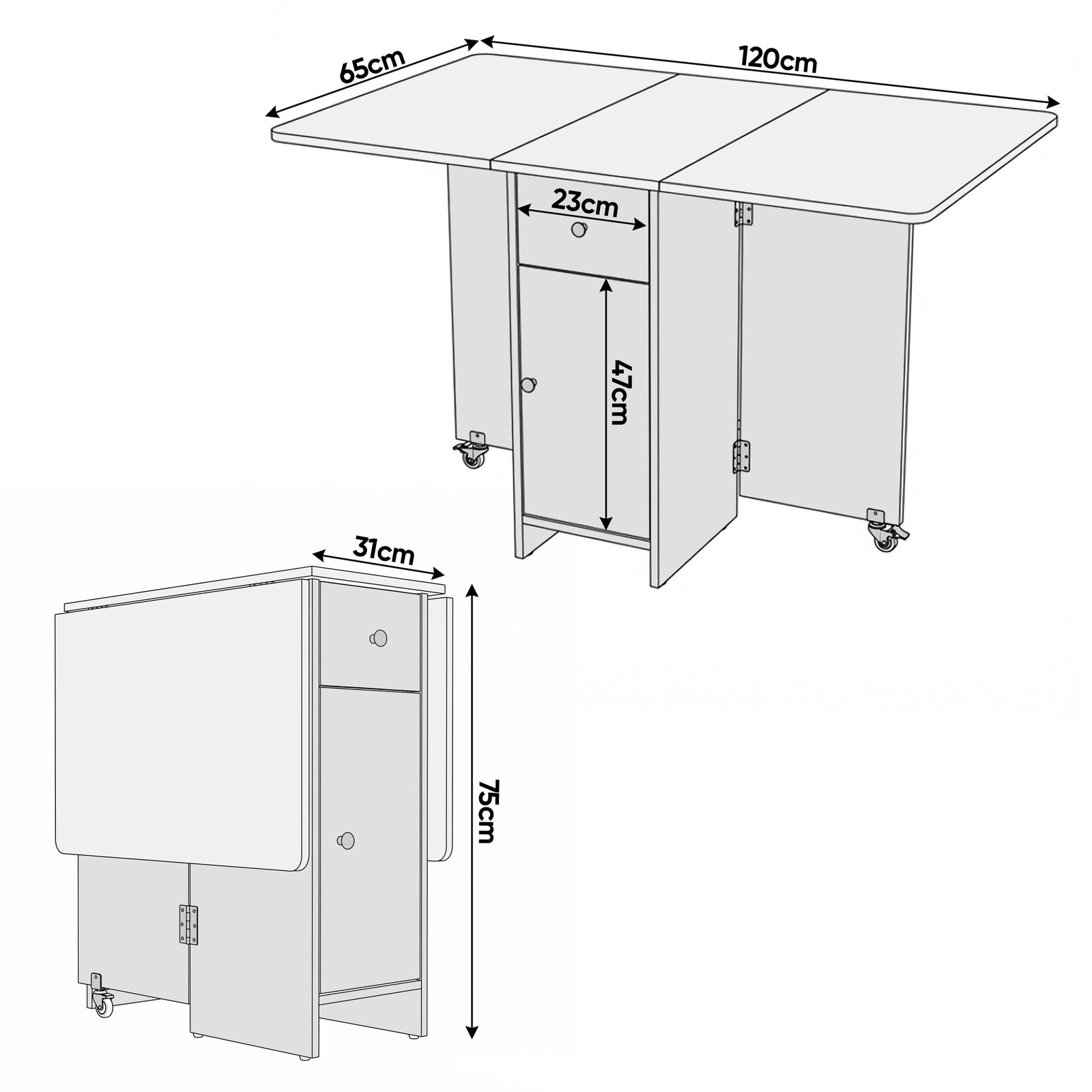 [White] Size guide for a 120cm rectangular dining table showing 65cm deep and 75cm high, folding to a compact 31cm width only