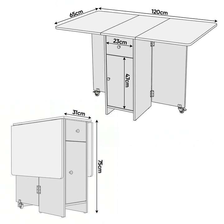 [White] Size guide for a 120cm rectangular dining table showing 65cm deep and 75cm high, folding to a compact 31cm width only