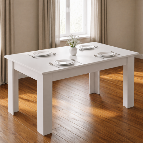 [120 cm | White] 4 and 6 Seater Dining Table Rectangle set for dinner on a polished wood floor.