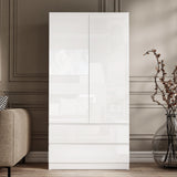[White] high gloss 2 door wardrobe with drawers in white from the 3 piece set with handleless push-open doors