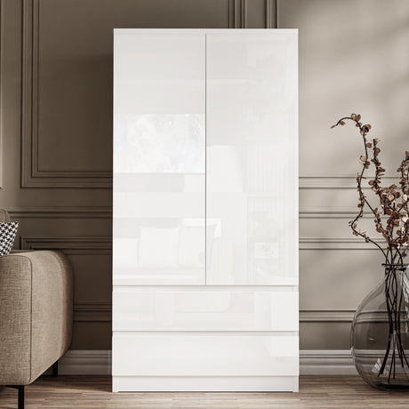 [White] high gloss 2 door wardrobe with drawers in white from the 3 piece set with handleless push-open doors
