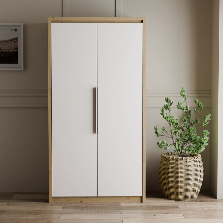 [Oak+White] Skova 2 door wardrobe in white with oak frame, part of the Skova 3 Piece Bedroom Furniture Set