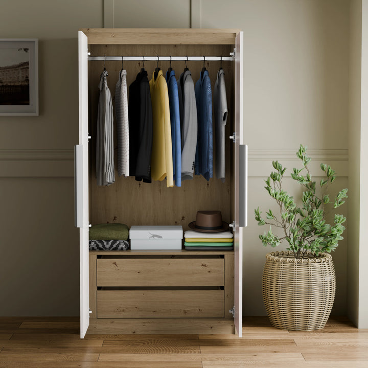 [Oak+White] Skova 3 Piece Bedroom Furniture Set wardrobe open to reveal hanging clothes