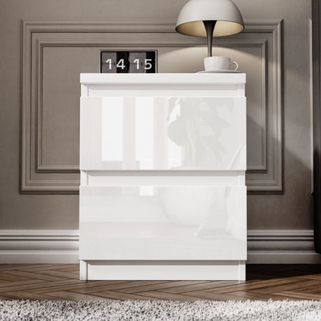 [White] bedside table from 3 piece set featuring two push-open drawers in white high gloss finish