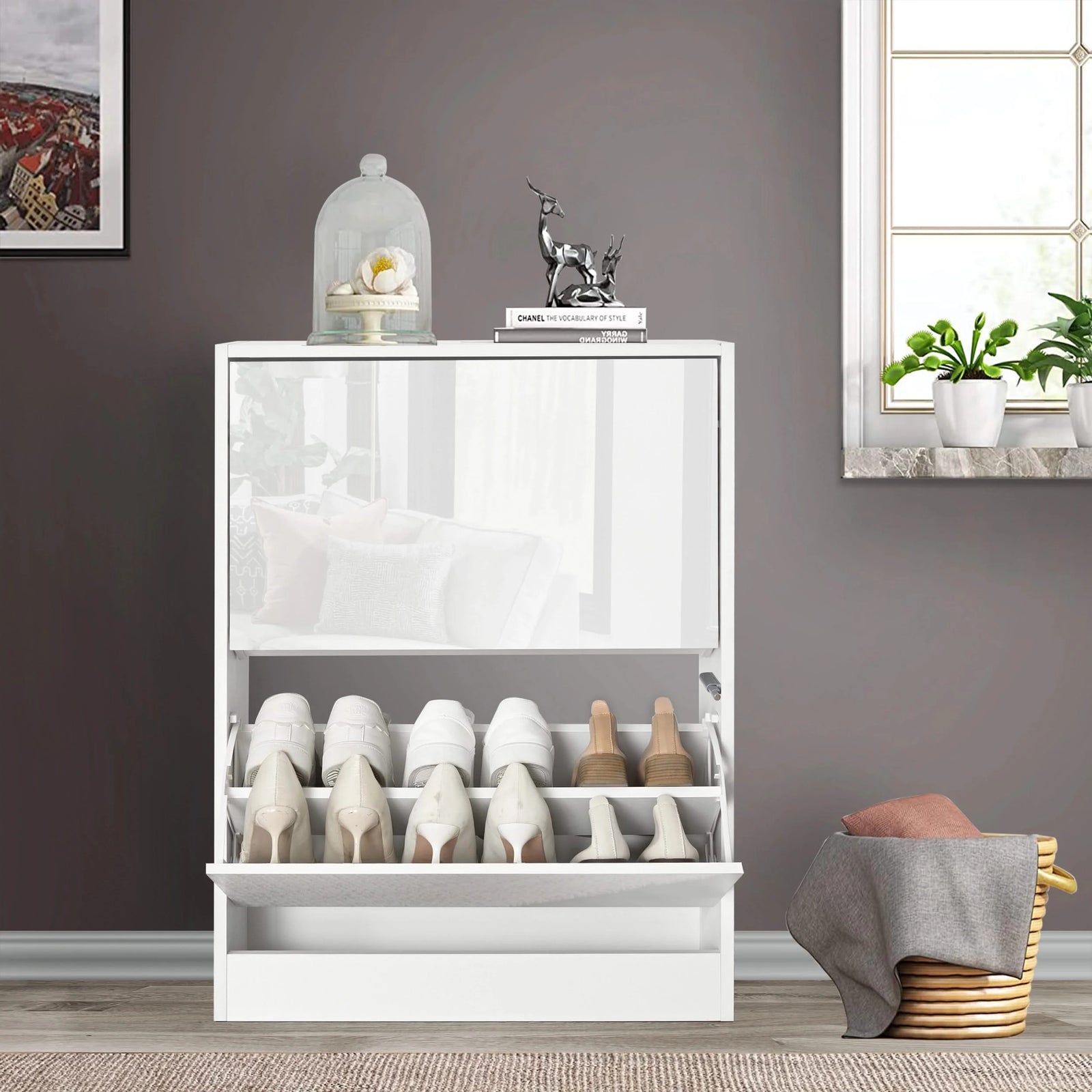 [White] white gloss 2 door shoe cabinet with lower tilt-out open, heels and flats arranged on the angled rack