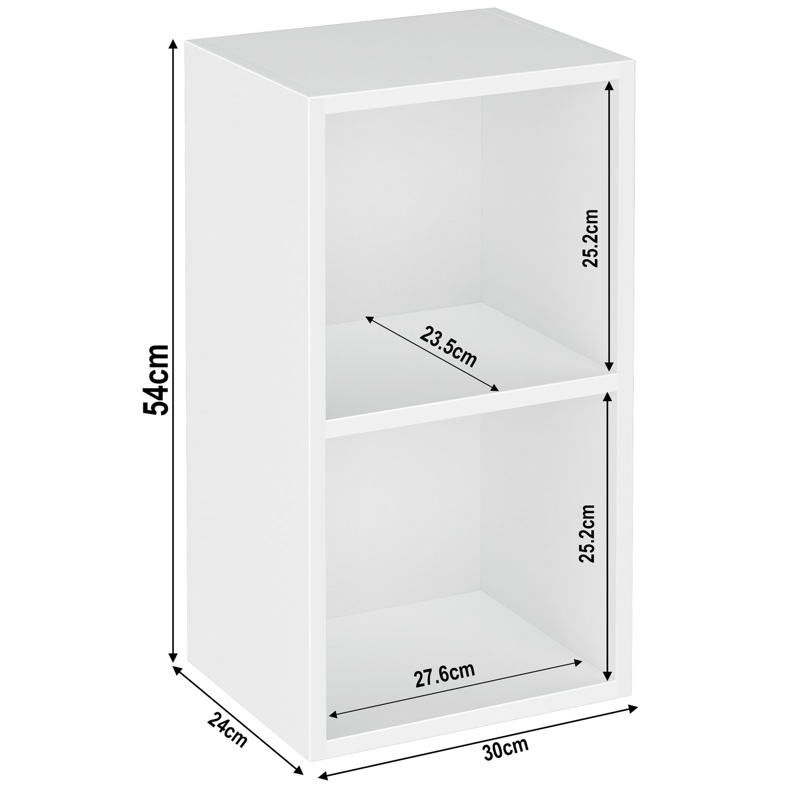 [2 Shelf | White] diagram of white-grain 2-shelf bookcase, 30W x 24D x 54H cm; for bright airy lounge