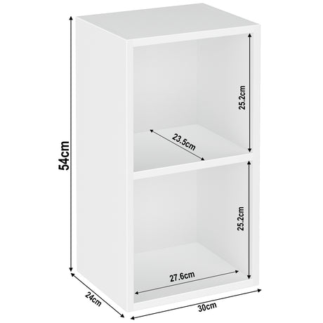 2 tier white cube storage unit dimensions: height 54 cm and width: 30 cm. Shelf dimensions: height 25.2 cm and 23.5 cm.