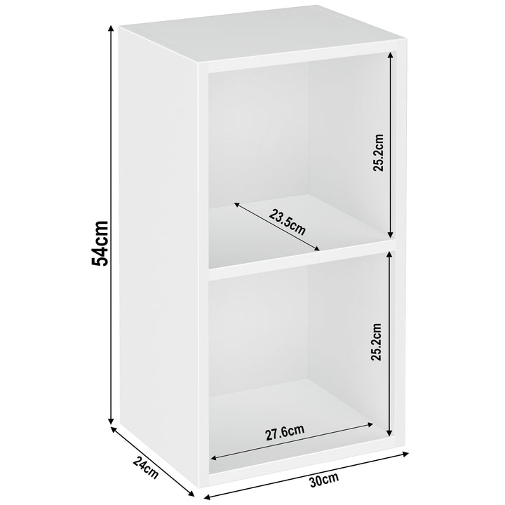 [2 Shelf | White] diagram of white-grain 2-shelf bookcase, 30W x 24D x 54H cm; for bright airy lounge