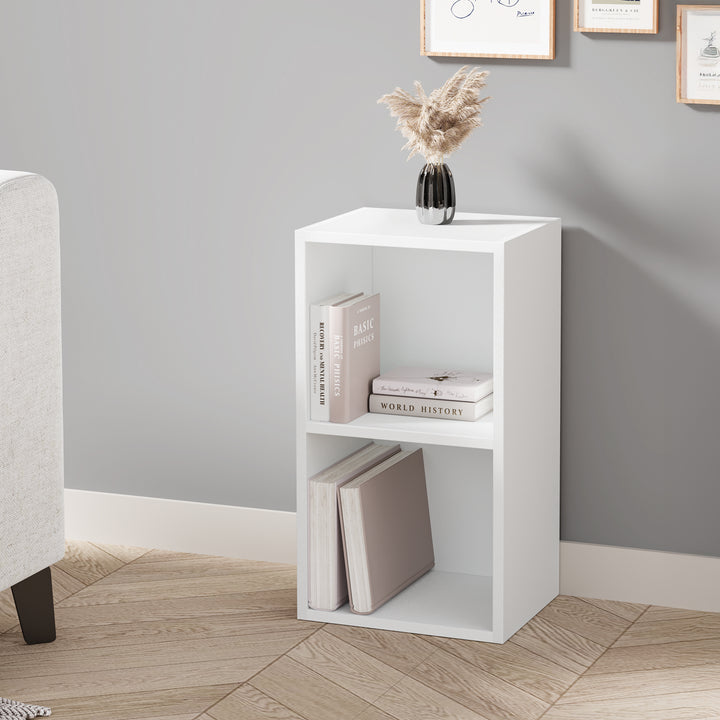 [2 Shelf | White] three-quarter shot of two-cubby low white cube bookcase with pampas in glass vase