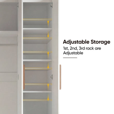 [White]  Interior view of a white 3-door wardrobe highlighting adjustable storage with three movable interior racks