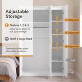 [White] Open wardrobe diagram showing adjustable shelf positions, fixed lower shelf, and dashed height markers