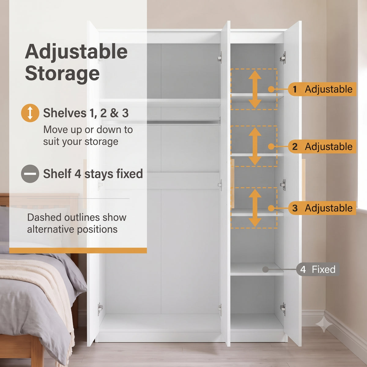 [White] Open wardrobe diagram showing adjustable shelf positions, fixed lower shelf, and dashed height markers