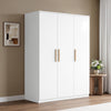 [White] Angled bedroom view of a closed three door wardrobe with pale wood handles beside a round side table