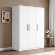 [White] Angled bedroom view of a closed three door wardrobe with pale wood handles beside a round side table