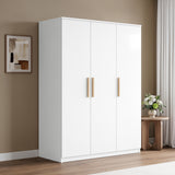 [White] Angled bedroom view of a closed three door wardrobe with pale wood handles beside a round side table