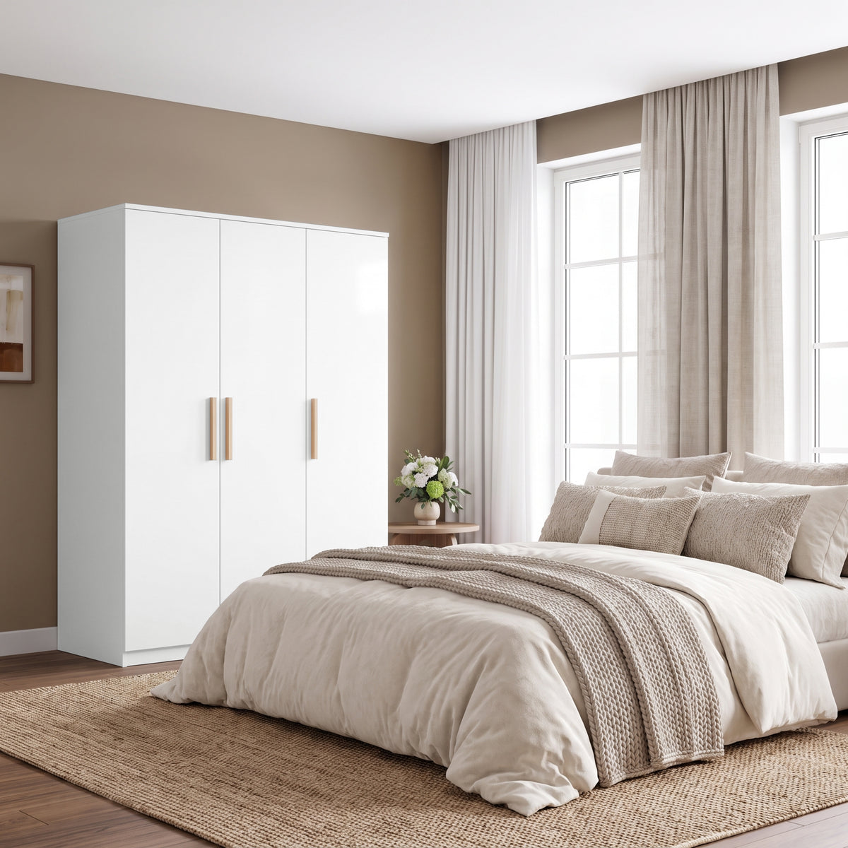 [White] Bedroom lifestyle view with a closed three door wardrobe beside a bed, window curtains, and side table