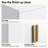 [White] Finish detail collage showing top edge, smooth door texture, and pale wood handle profile