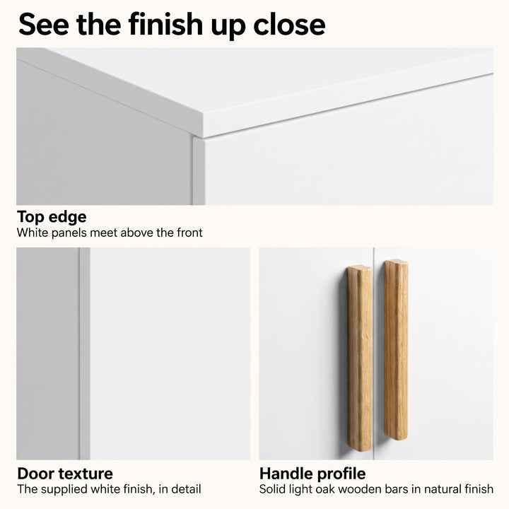 [White] Finish detail collage showing top edge, smooth door texture, and pale wood handle profile