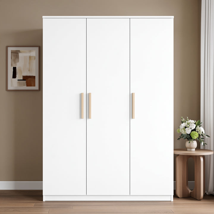 [White] Straight front view of a closed three door wardrobe with vertical handles and matching base plinth