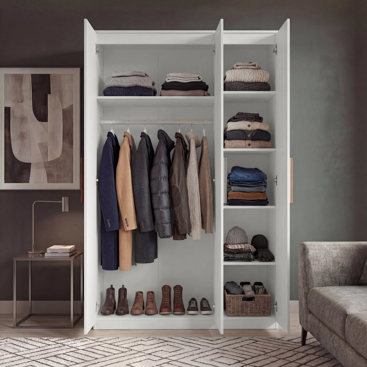 [White]  three door spacious wardrobe interior with hanging rail on left and shelving compartments on right