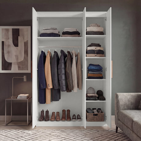 [White]  three door spacious wardrobe interior with hanging rail on left and shelving compartments on right