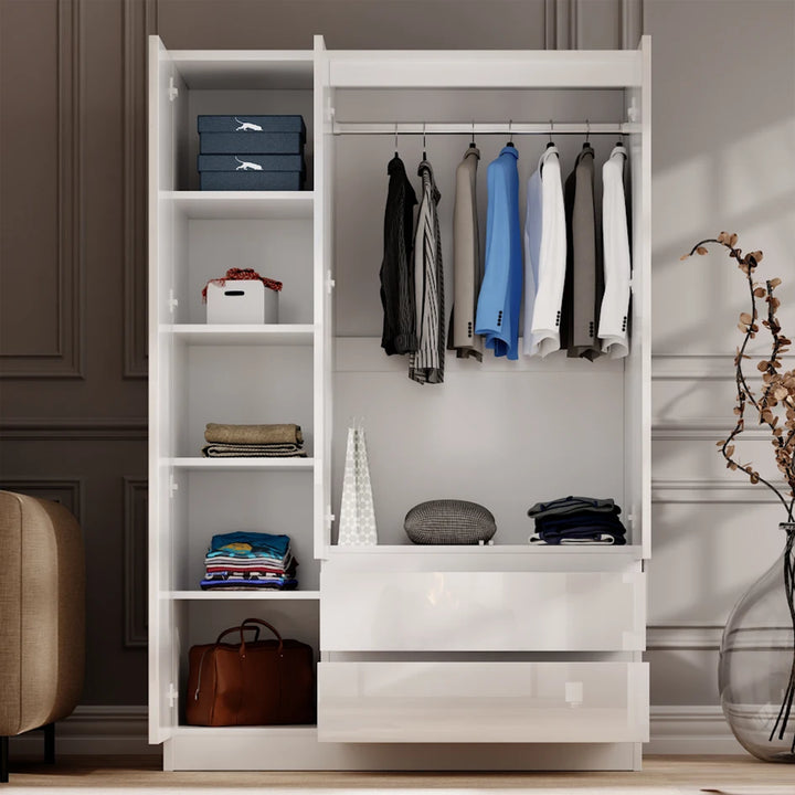 [White] Open 3 door wardrobe showing left shelving section with storage boxes and right hanging rail with clothes