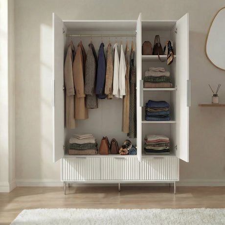 White wardrobe interior layout with hanging rail, shelving compartments, and base three drawers