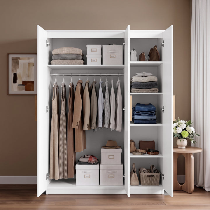 [White] Open interior view showing hanging rail, folded shelves, shoe storage, boxes, and all three doors open